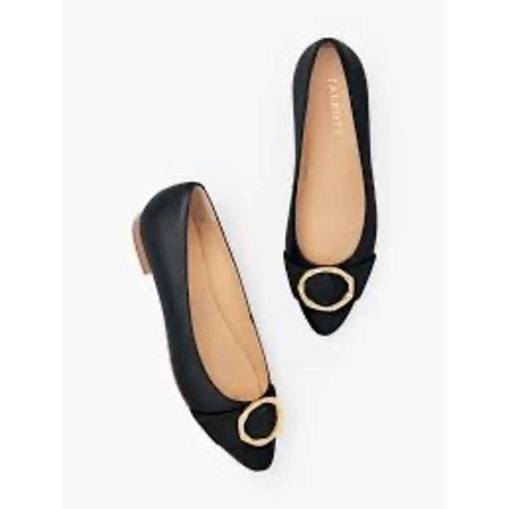 Talbots Black Leather Pointed Toe Flats Gold Bamboo Buckle Suede Detail 7.5M